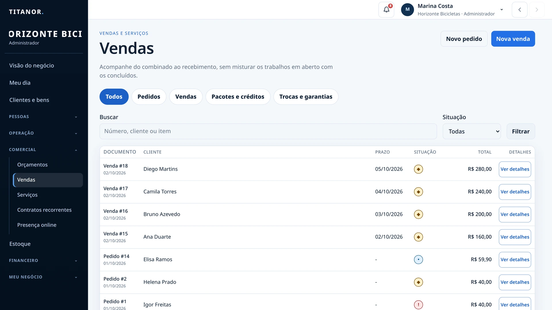 Lista de vendas com cliente, valor e andamento. Dados fictícios.