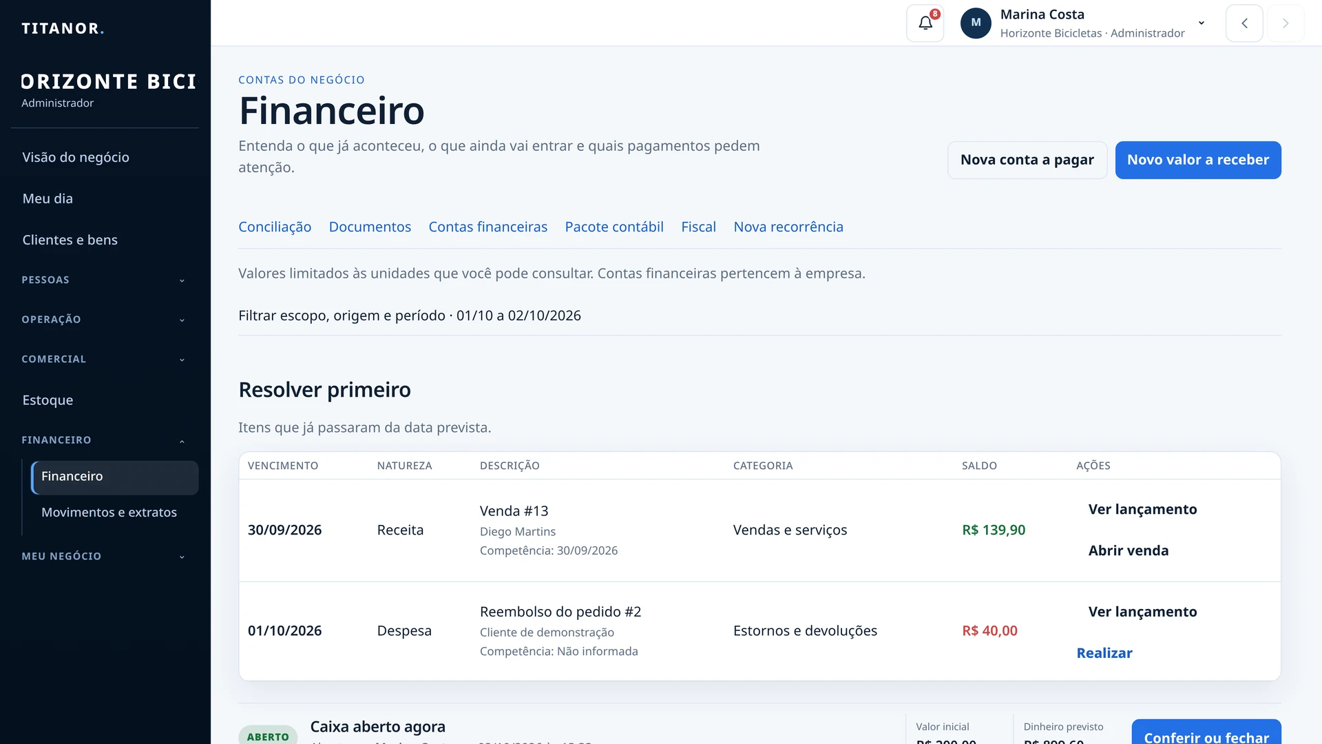 Financeiro da empresa de demonstração com contas, vencimentos e recebimentos. Dados fictícios.