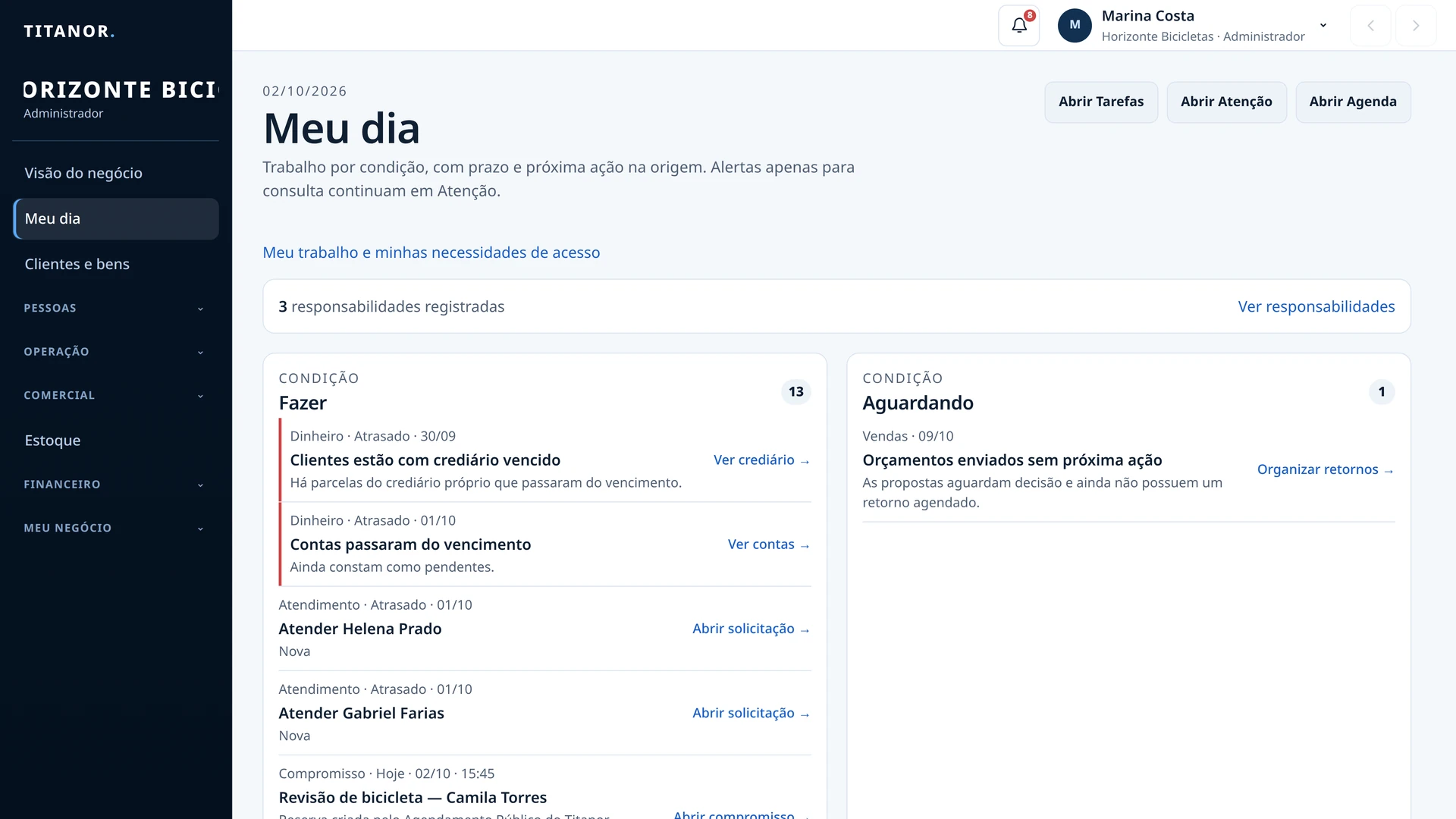 Meu Dia com atendimentos, compromissos e contas que precisam de atenção. Dados fictícios da Horizonte Bicicletas.