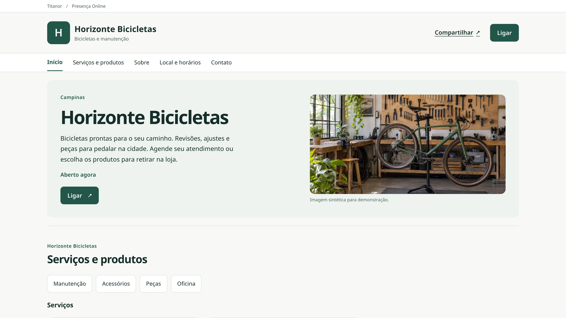 Página pública da Horizonte Bicicletas com identidade própria, fotos e navegação. Empresa fictícia.