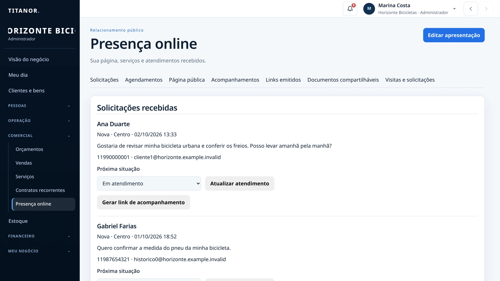 Solicitação de Ana Duarte recebida pela Horizonte Bicicletas. Dados fictícios.